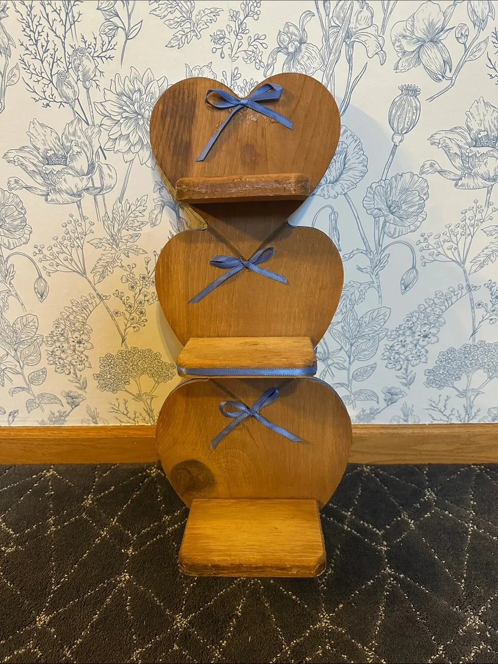 Wooden Heart Tiered Wall Shelf with Blue Ribbon Accents